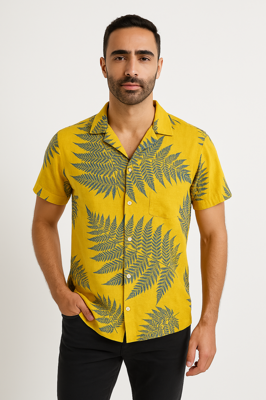 Men’s Short Sleeve Shirt – Relaxed Fit – Leaf Print – Button Up – Lightweight Breathable