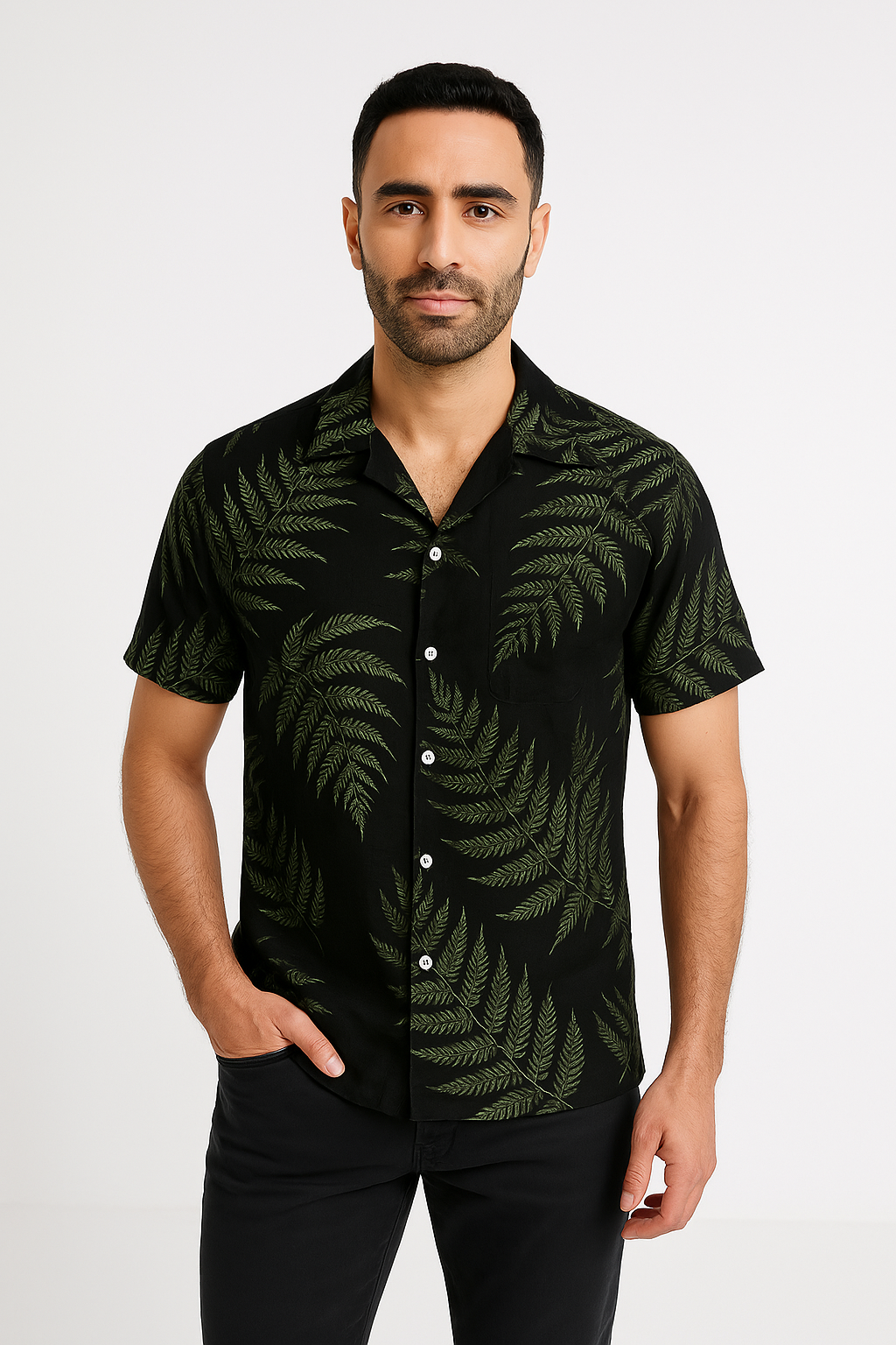 Men’s Short Sleeve Shirt – Relaxed Fit – Leaf Print – Button Up – Lightweight Breathable