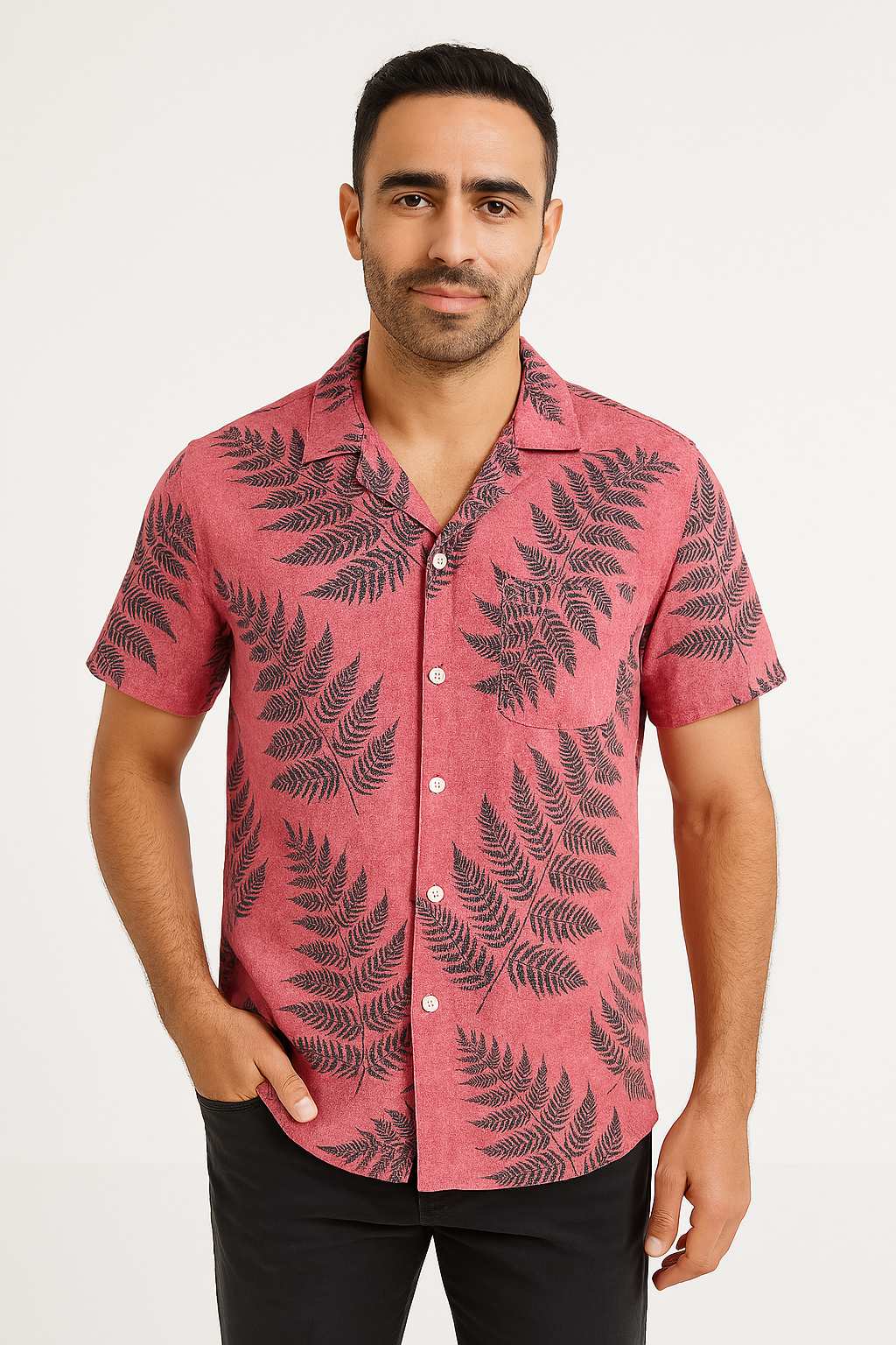 Men’s Short Sleeve Shirt – Relaxed Fit – Leaf Print – Button Up – Lightweight Breathable
