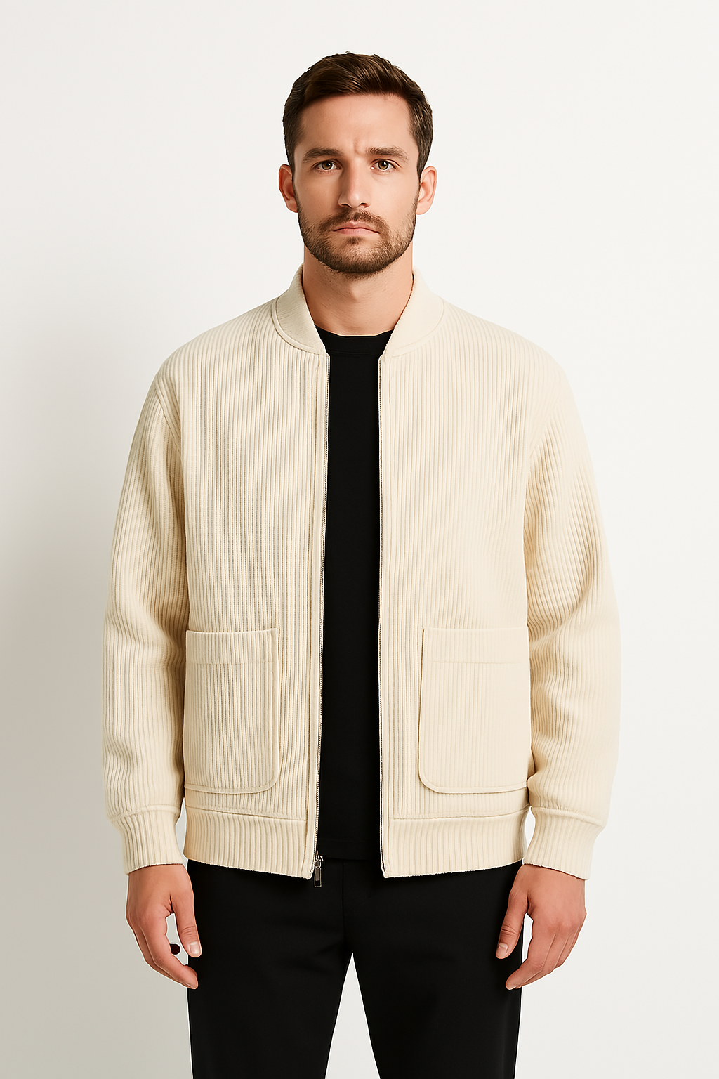 Men’s Jacket – Corduroy Relaxed Fit – V-Neck Zip Front – Ribbed Texture Casual Wear