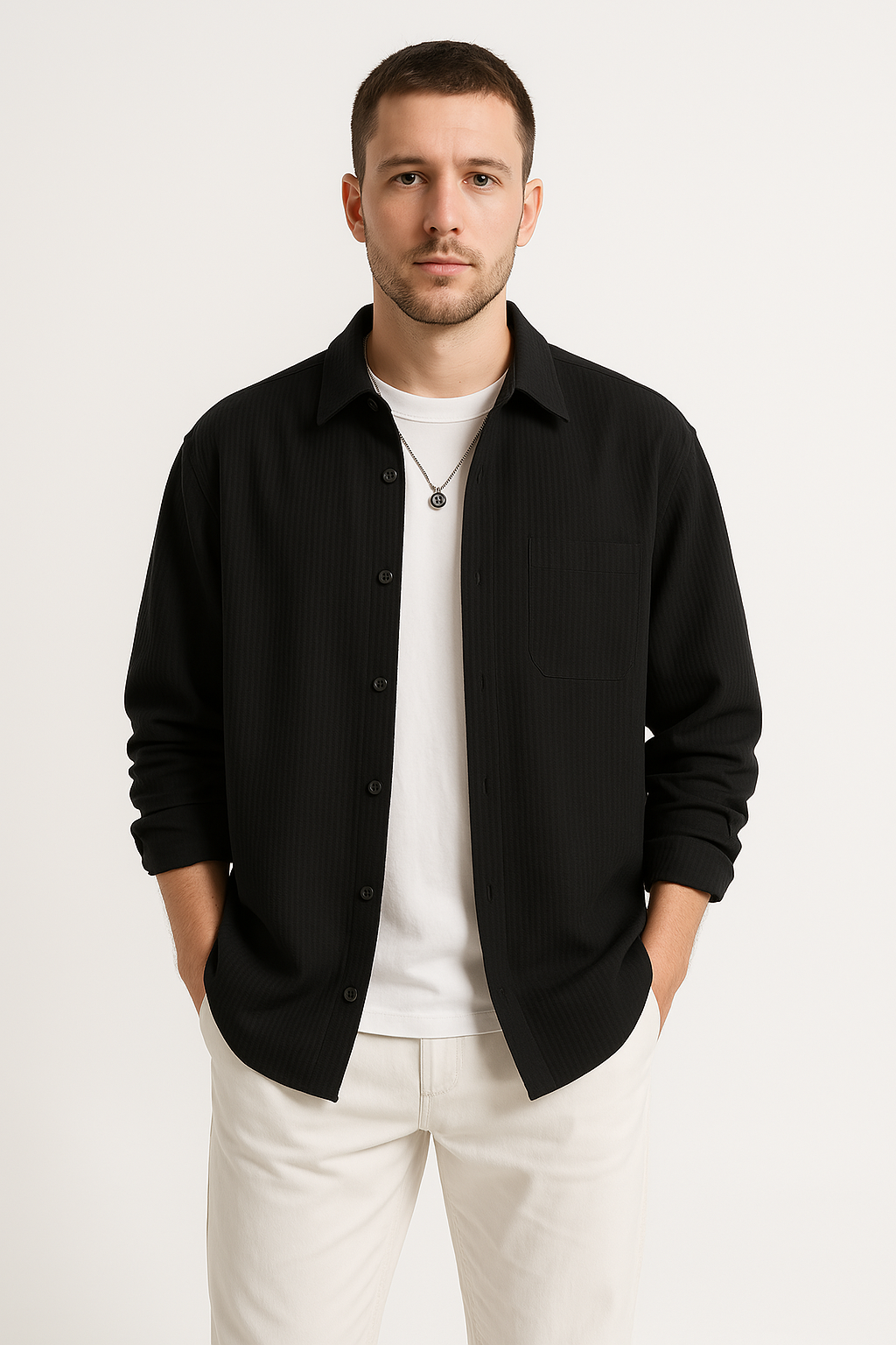 Men’s Long Sleeve Shirt – Waffle Knit – Oversized Fit – Button-Up Casual Layer