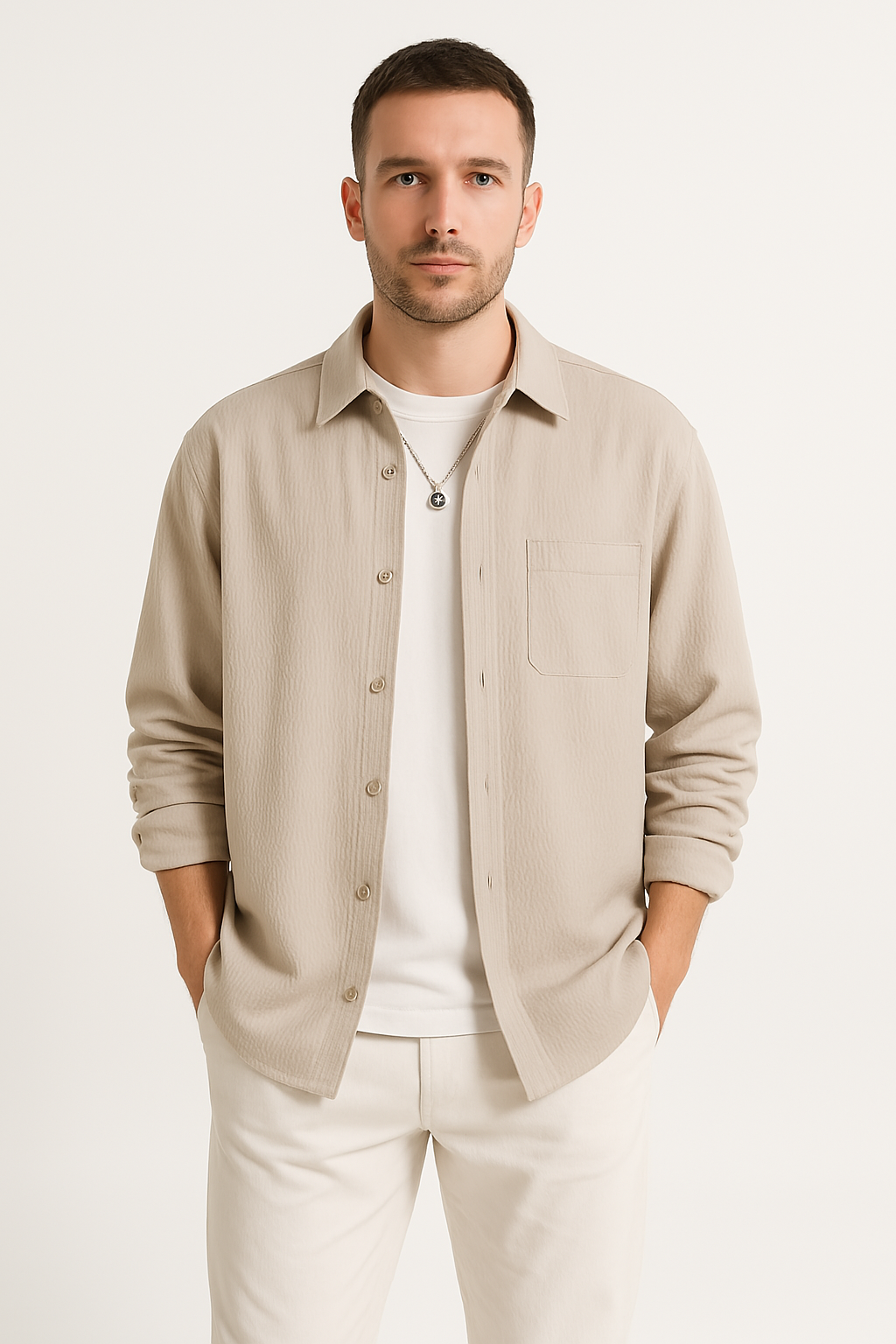 Men’s Long Sleeve Shirt – Waffle Knit – Oversized Fit – Button-Up Casual Layer