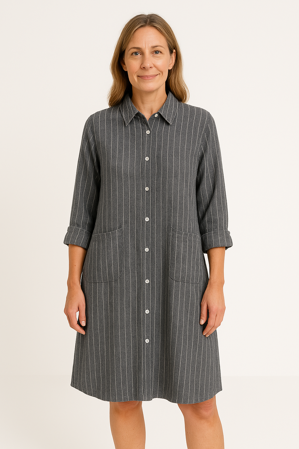 Women’s Shirt Dress – Lightweight Cotton – Relaxed Fit – Mid-Length Striped Casual