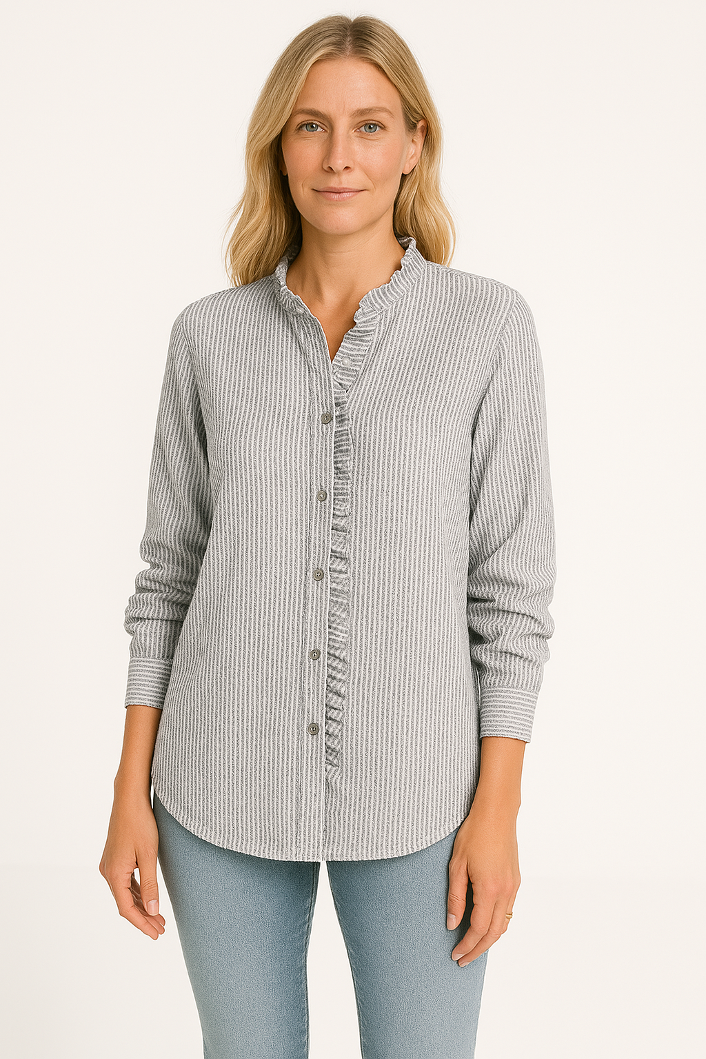 Women’s Blouse – Relaxed Fit – Textured Fabric – Long Sleeve – Button Front Ruffle Trim