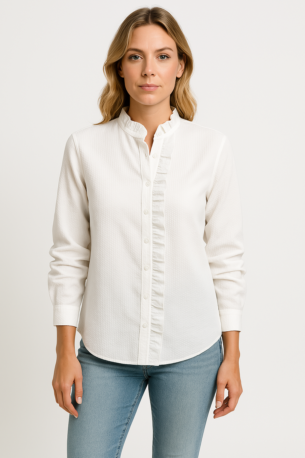 Women’s Blouse – Relaxed Fit – Textured Fabric – Long Sleeve – Button Front Ruffle Trim