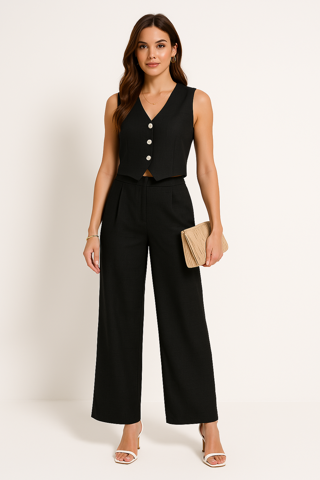 Women’s Cropped Vest – Slim Fit – V-Neck – Button Front – Breathable Woven Fabric