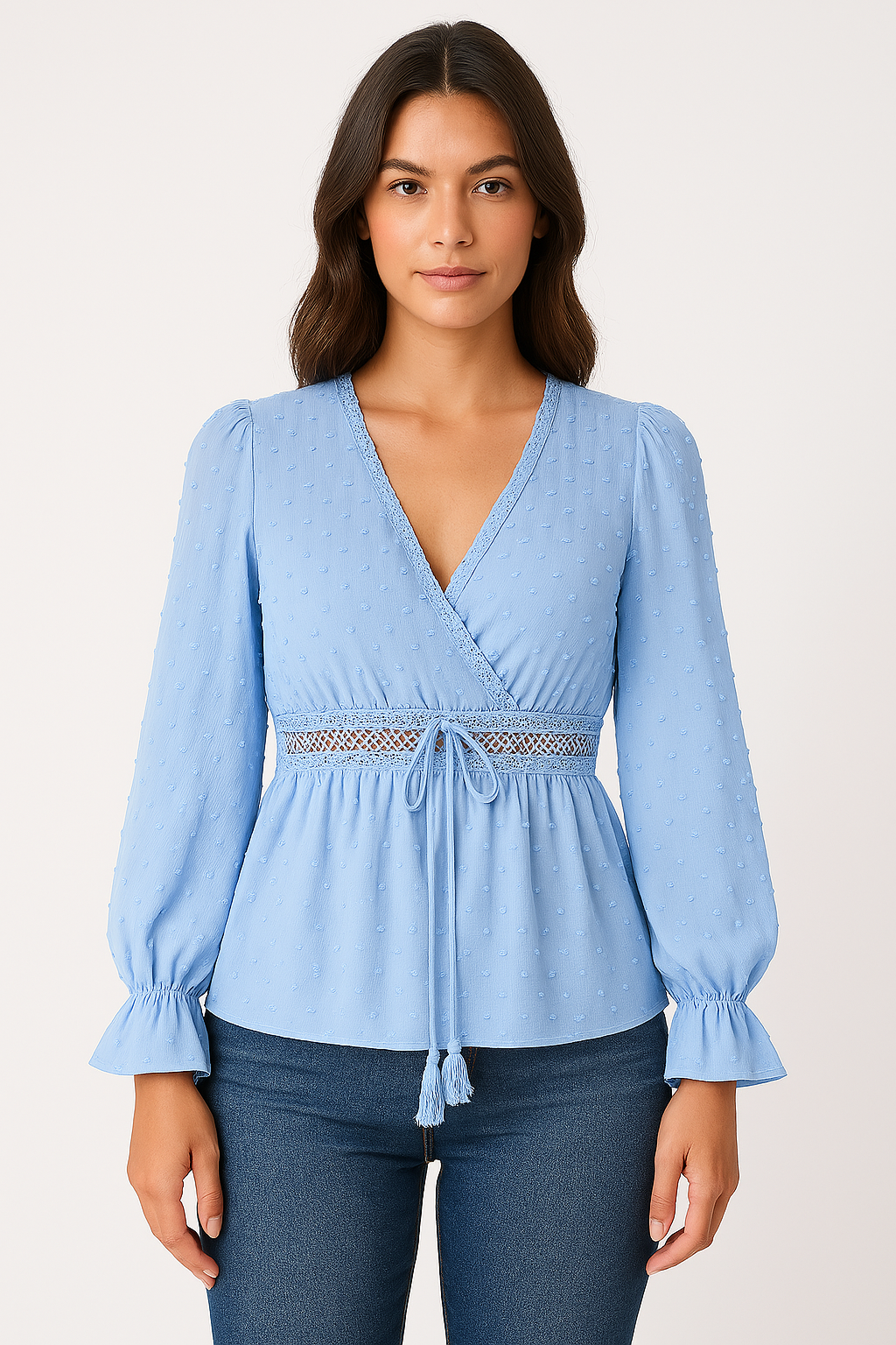 Women’s V-Neck Top – Relaxed Fit – Tie Waist – Puff Bell Sleeves – Lace Trim – Lightweight