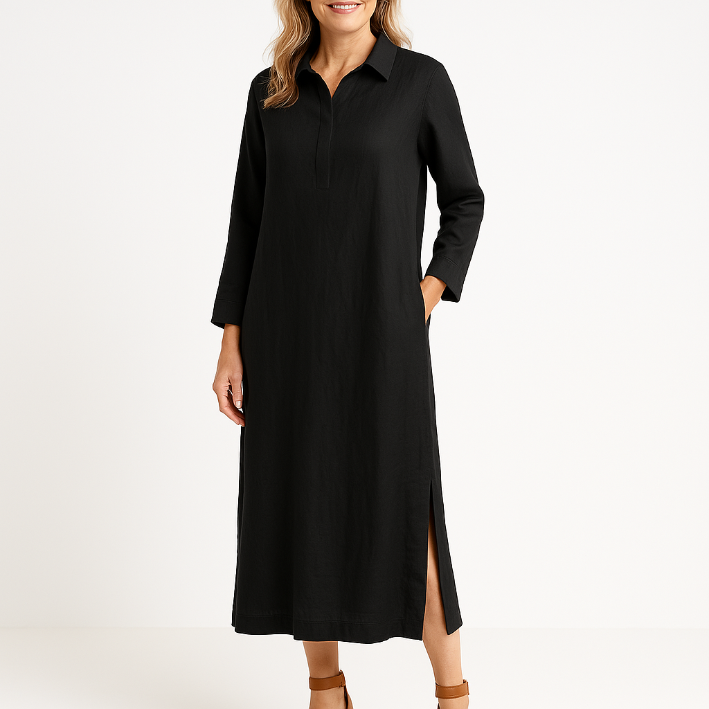 Women’s Shirt Dress – Relaxed Fit – Lightweight Woven – Long Sleeve – Midi Length