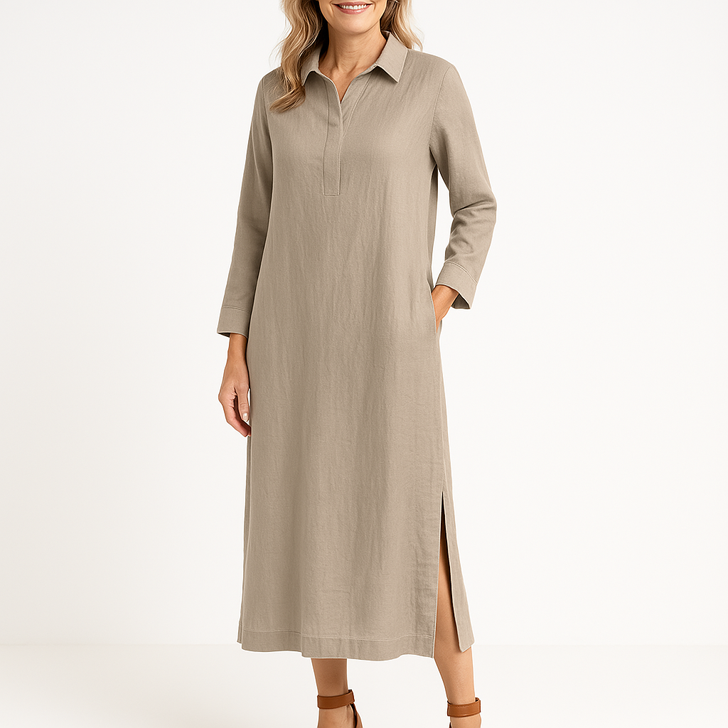 Women’s Shirt Dress – Relaxed Fit – Lightweight Woven – Long Sleeve – Midi Length