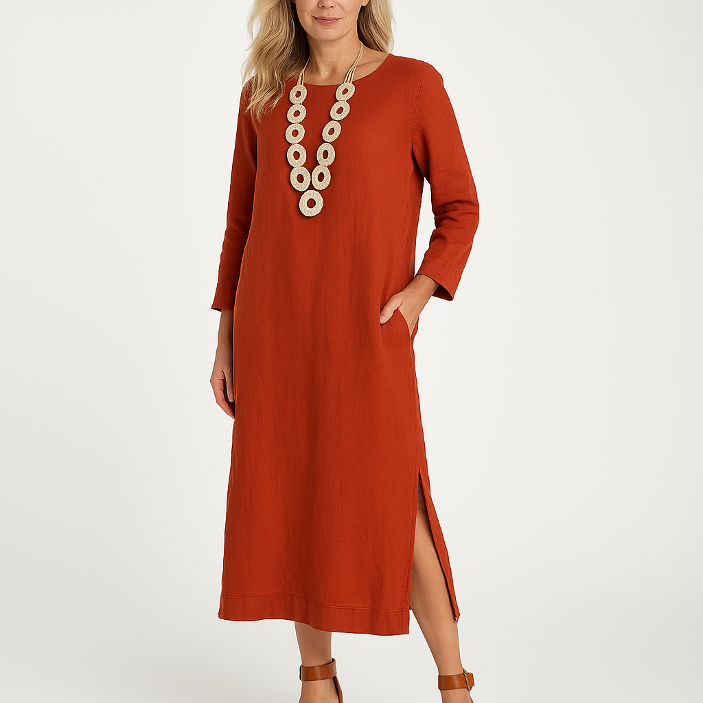 Women’s Shirt Dress – Relaxed Fit – Lightweight Woven – Long Sleeve – Midi Length
