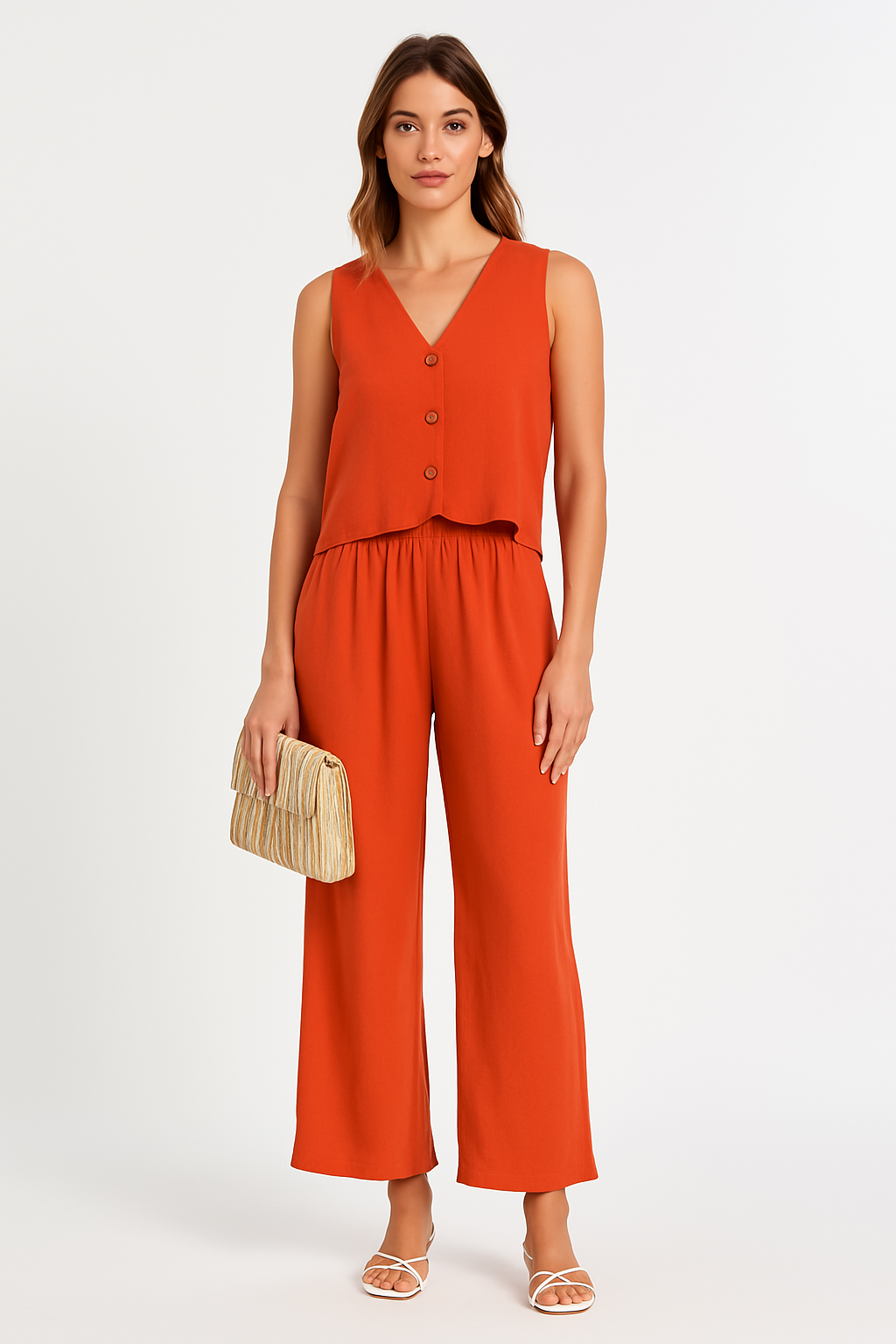 Women’s Two-Piece Set – V-Neck Button Top – High-Waist – Wide-Leg Pants – Linen Blend