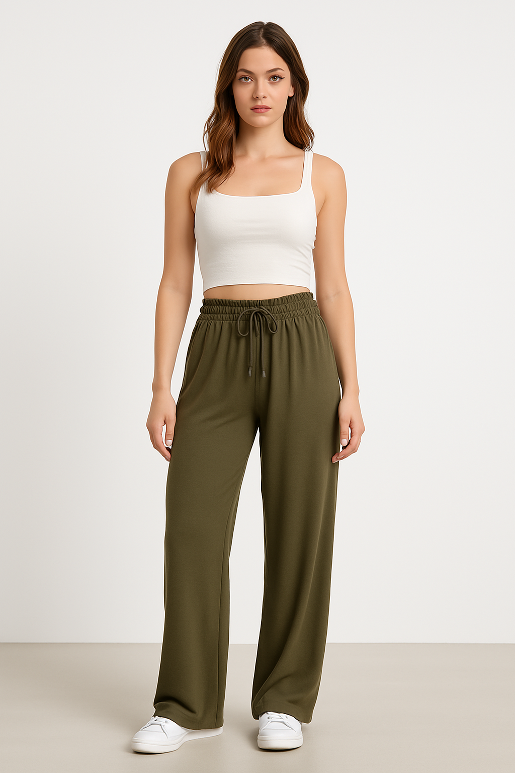 Women’s Wide-Leg Pants – Soft Cotton Blend – Relaxed Fit – Elastic Drawstring Waist