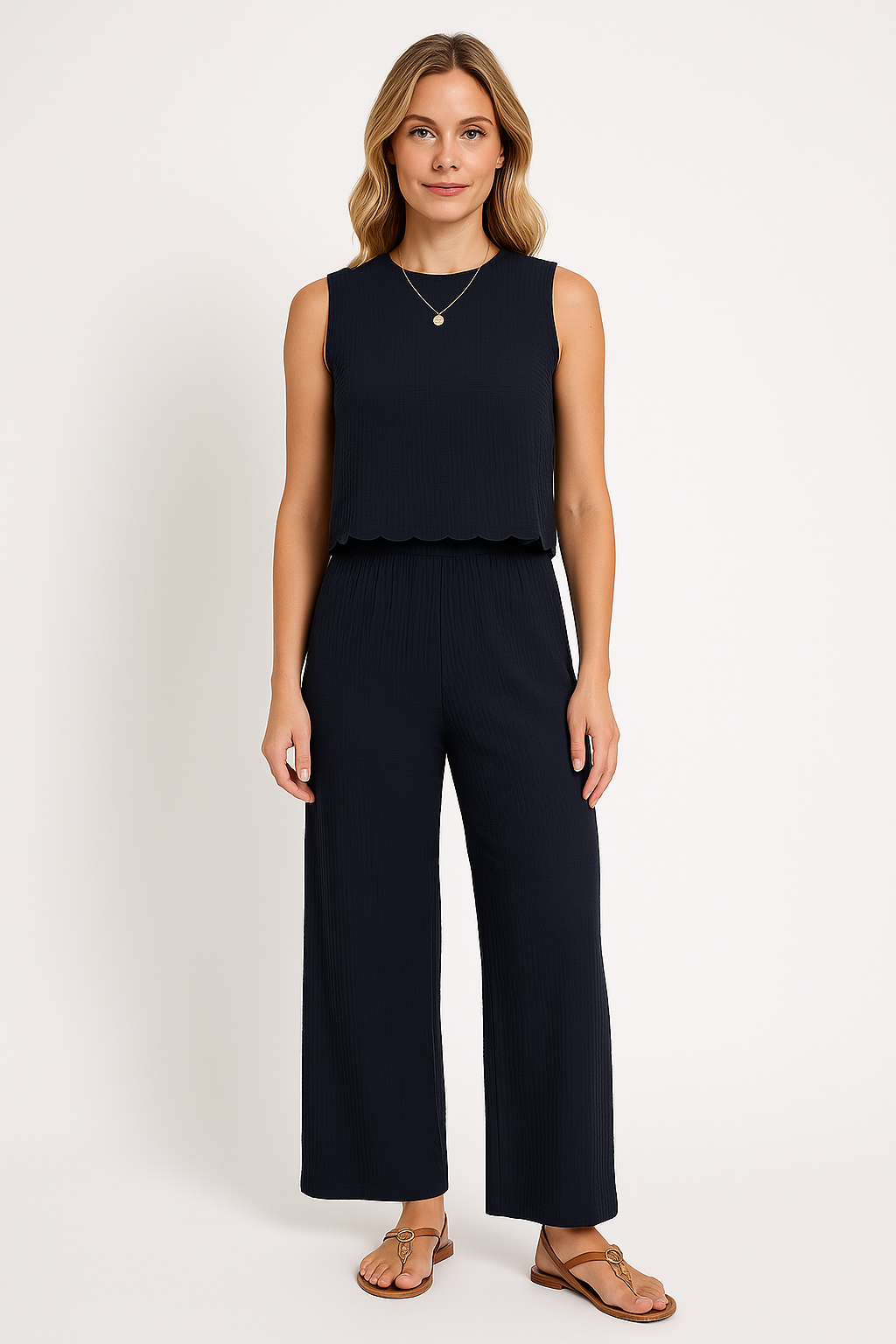 Women’s Wide-Leg Pants – Lightweight Crinkled Fabric – Relaxed Fit – Elastic Waistband