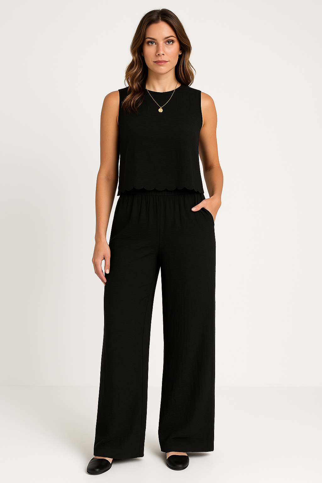 Women’s Wide-Leg Pants – Lightweight Crinkled Fabric – Relaxed Fit – Elastic Waistband