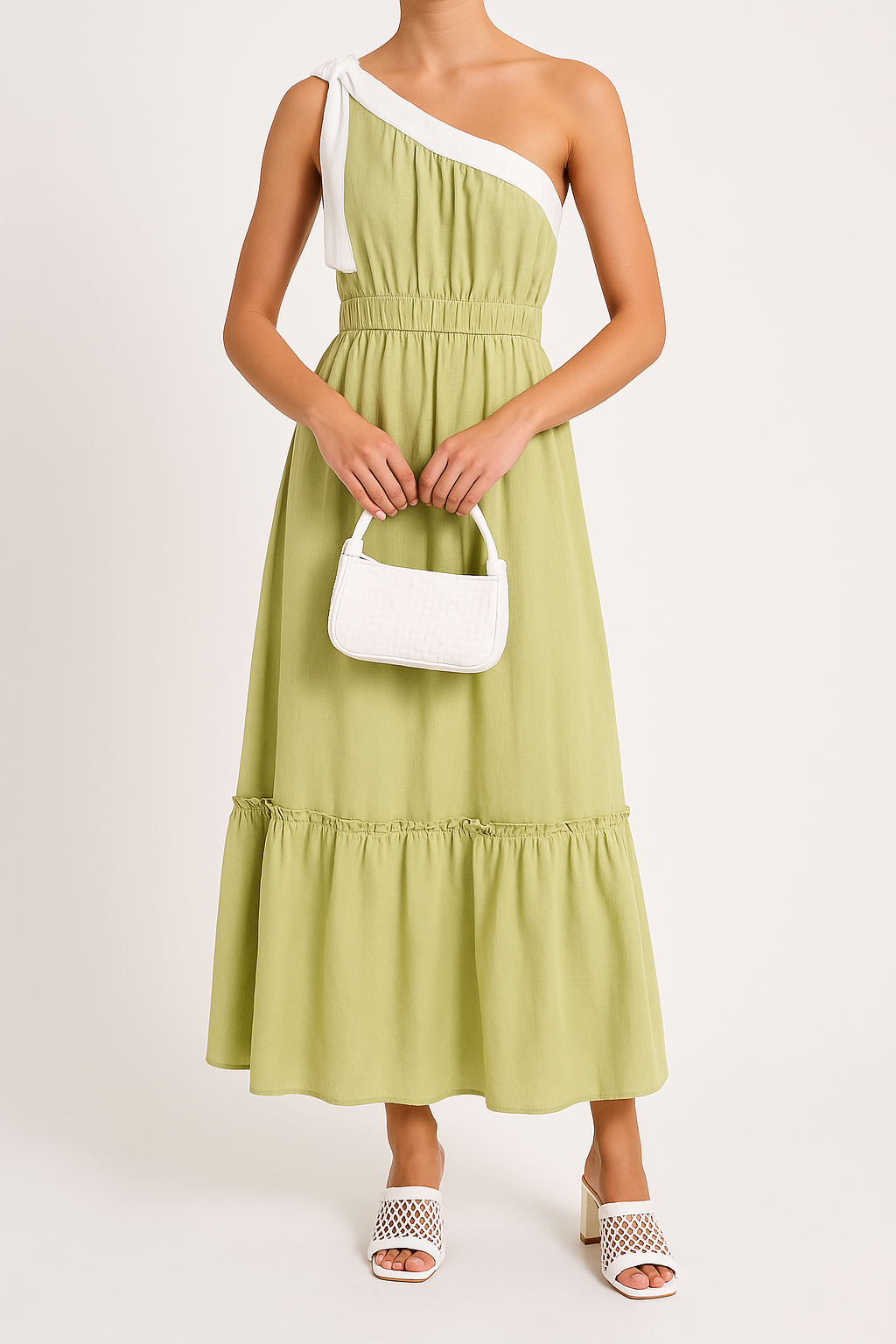 Women’s One-Shoulder Dress – Cotton Blend – A-Line Fit – Ruffle Hem – Midi Length