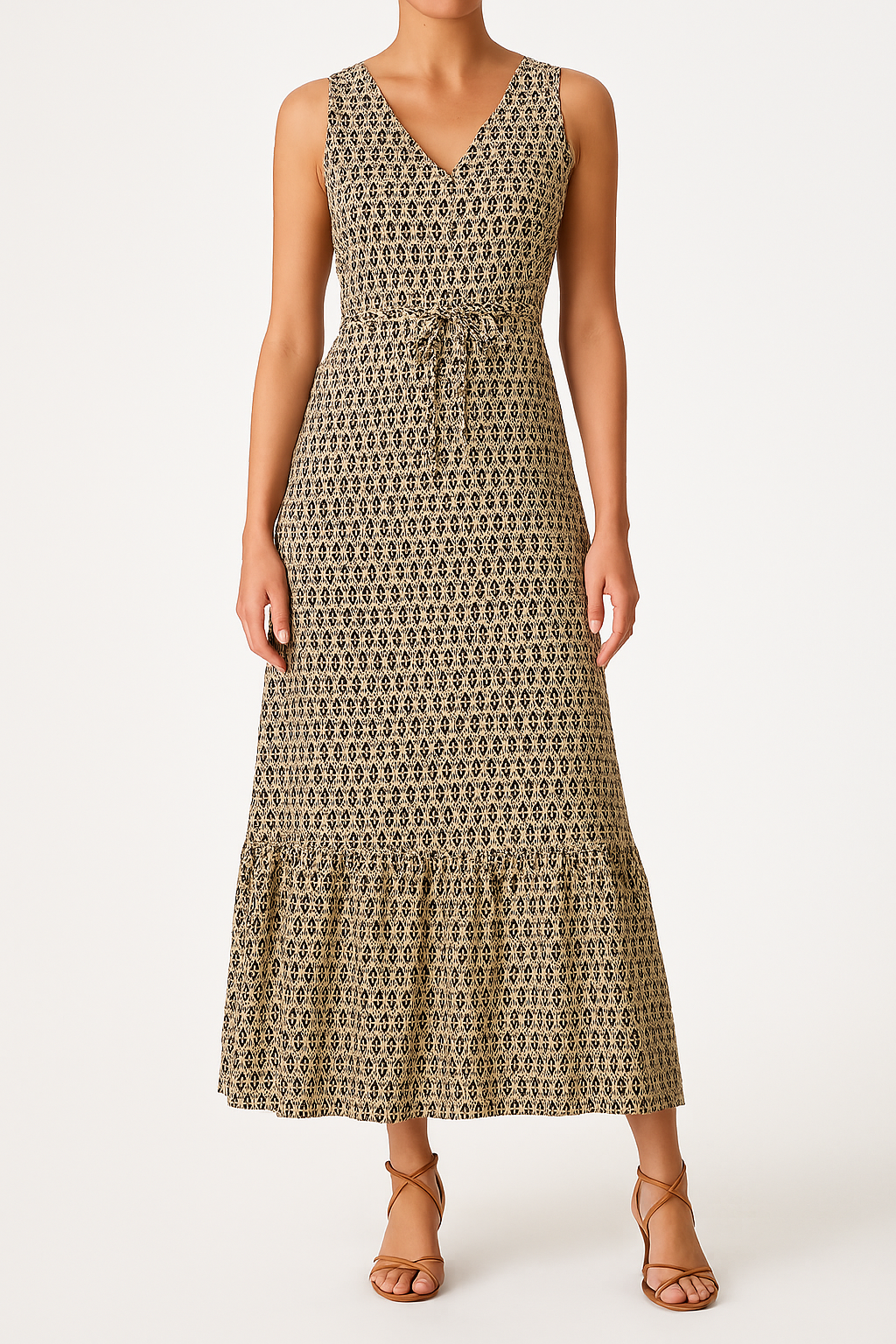 Women’s Midi Dress – Bohemian Print – V-Neck – Waist Tie – Sleeveless Flowy Fit