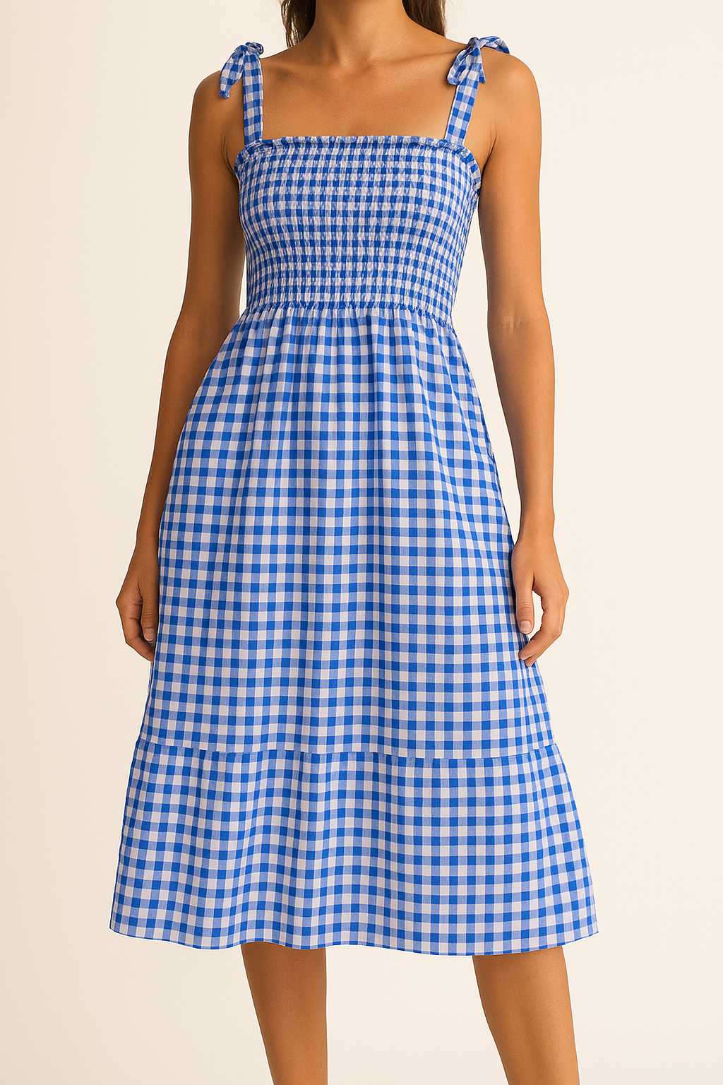 Women’s Sundress – Checked Pattern – Smocked Bodice – Bow Strap – Midi Slim Fit
