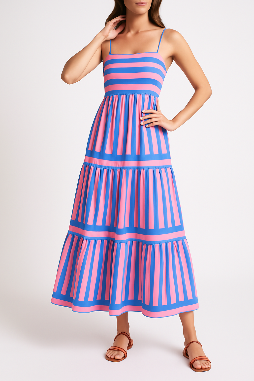 Women’s Sundress – Lightweight Cotton – A-Line Fit – Tiered Striped Spaghetti Straps