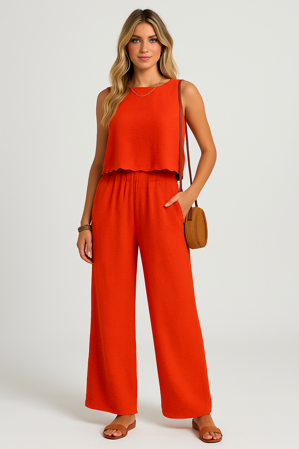 Women’s Top and Pants Set – Lightweight Woven Fabric – Relaxed Fit – Cropped Top