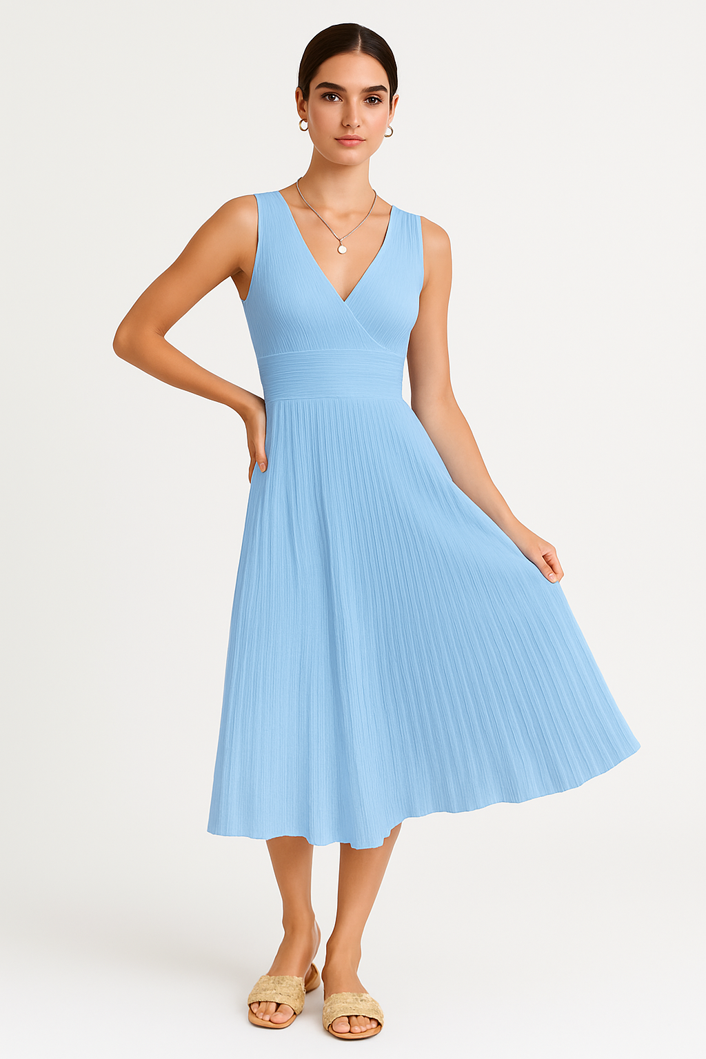 Women’s Midi Dress – Soft Knit – V-Neck – Sleeveless – Pleated A-Line – High Waist