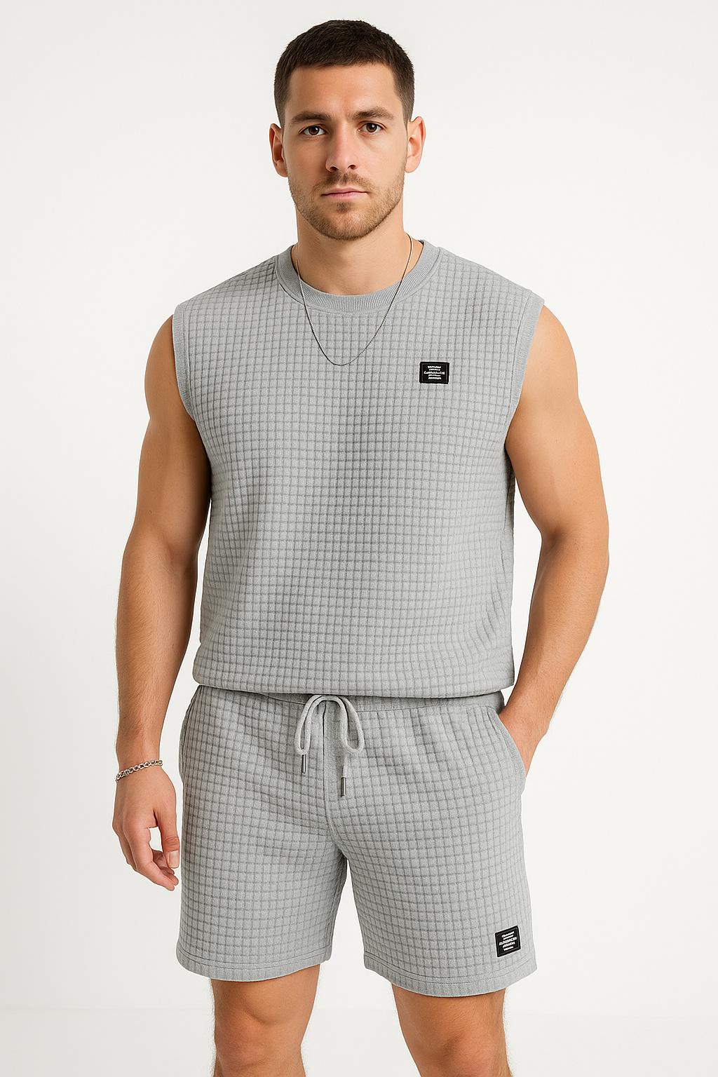 Men’s Sleeveless Lounge Set – Soft Waffle Knit – Relaxed Fit – Drawstring Shorts
