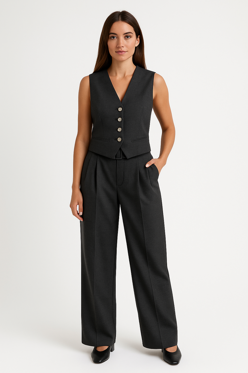 Women’s Suit Set – Tailored Fit – V-Neck Button Front – Waist-Length Formal Suit Style