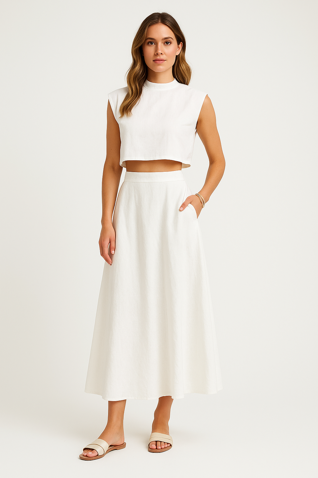 Women’s Two-Piece Set – Sleeveless Crop Top & High-Waisted Skirt – Breathable Blend