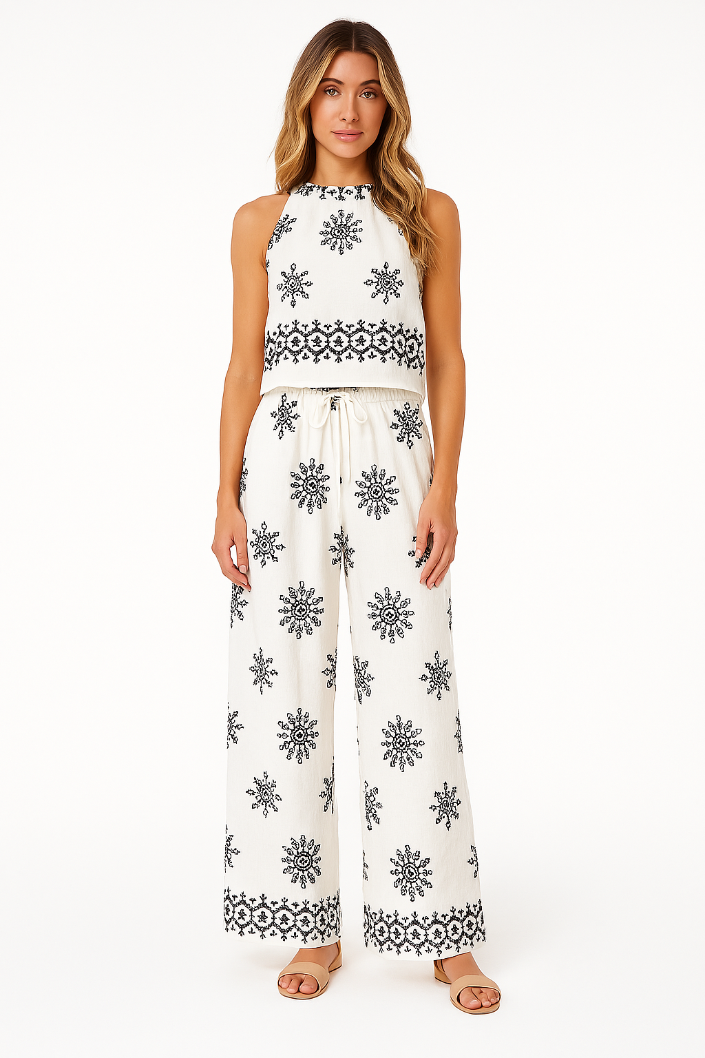 Women’s Two-Piece Set – Sleeveless Crop Top – High Waist Wide-Leg Pants – Cotton Blend