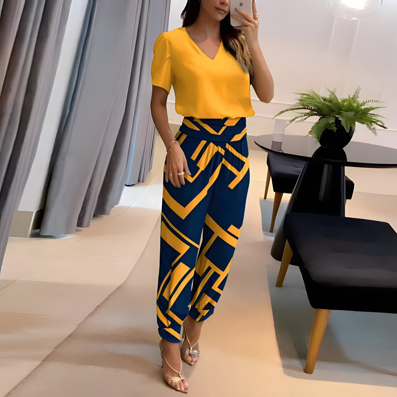 Women’s Blouse & Pants Set – Relaxed Fit – V-Neck – Puff Sleeve – Lightweight Breathable Cotton
