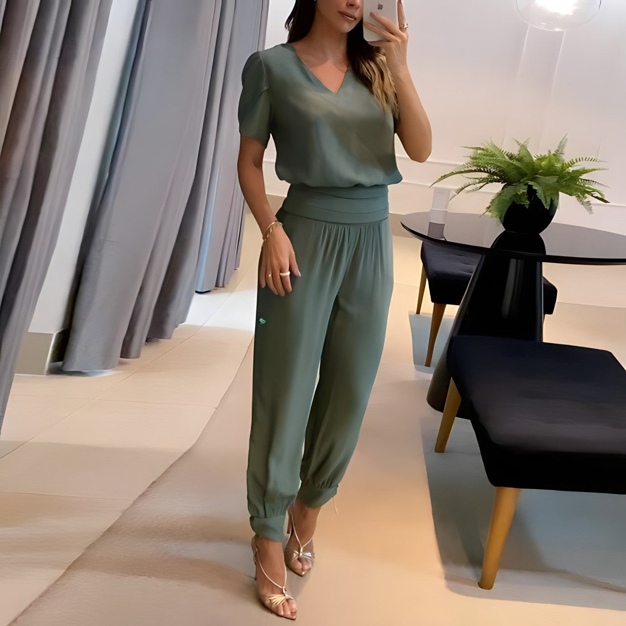 Women’s Blouse & Pants Set – Relaxed Fit – V-Neck – Puff Sleeve – Lightweight Breathable Cotton