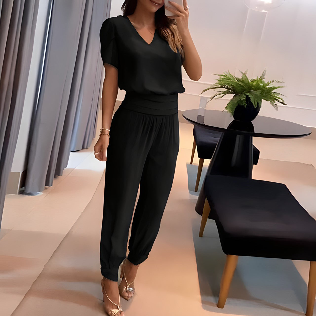 Women’s Blouse & Pants Set – Relaxed Fit – V-Neck – Puff Sleeve – Lightweight Breathable Cotton