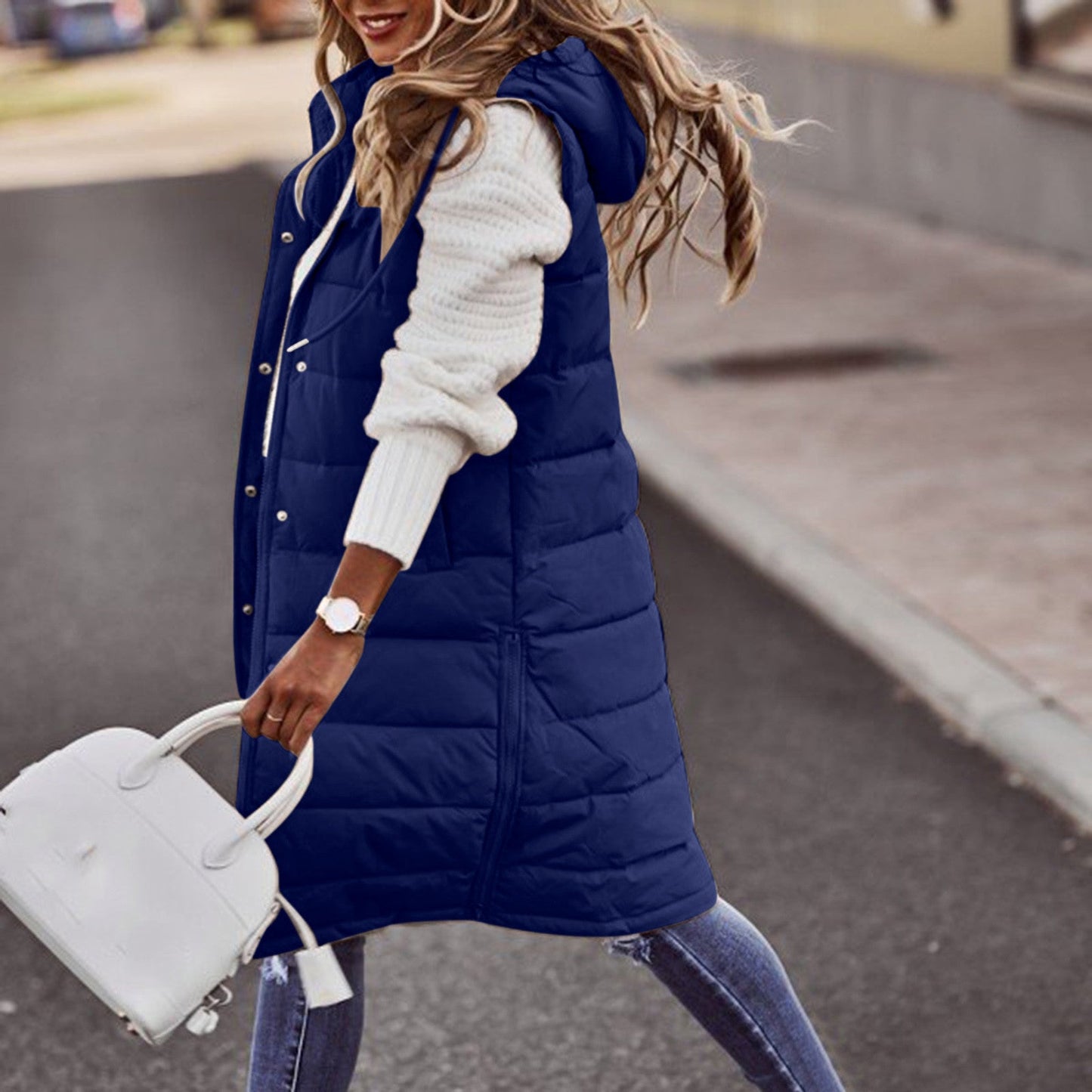 Women’s Long Bodywarmer – Quilted Padded – Oversized Fit – Hooded Sleeveless Layer