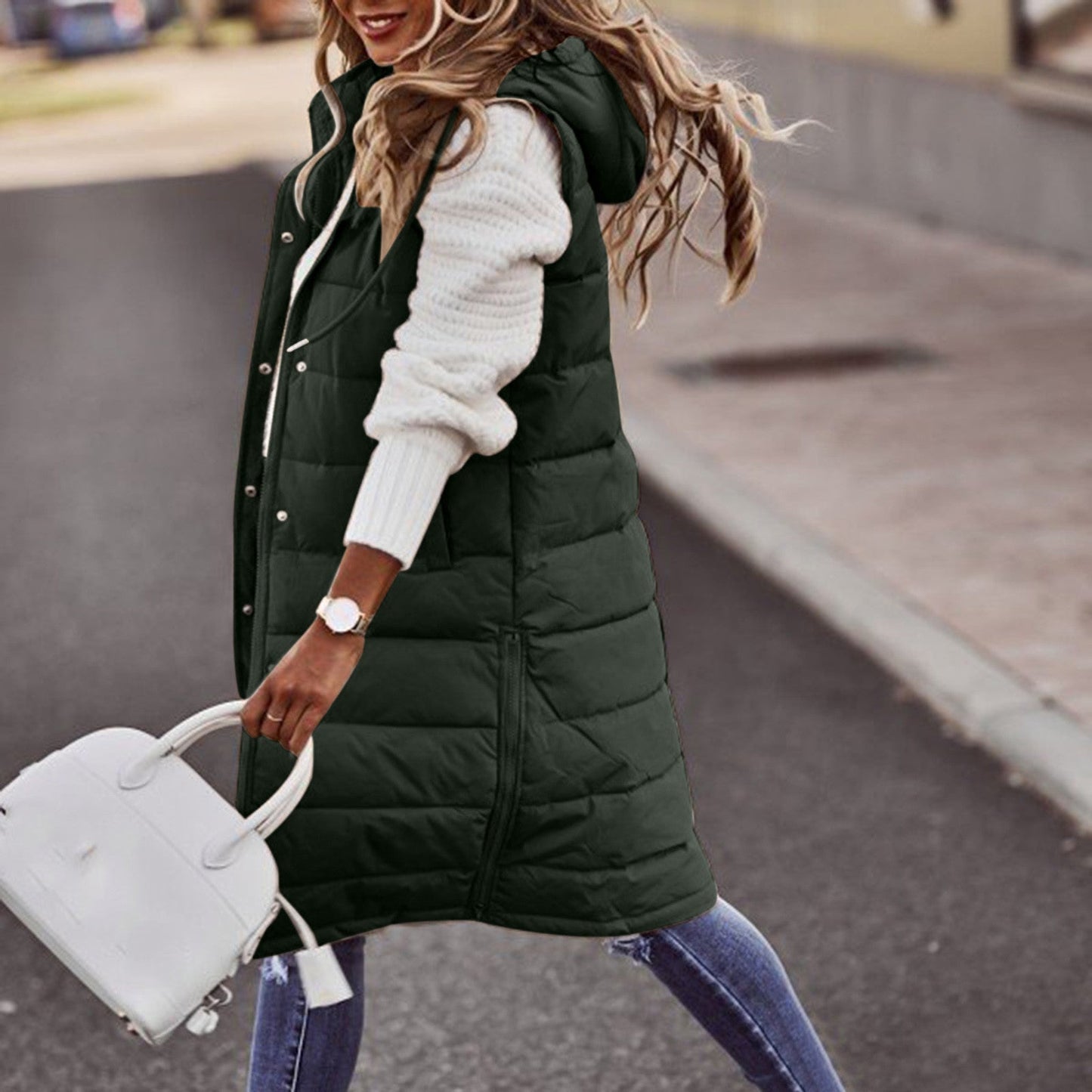 Women’s Long Bodywarmer – Quilted Padded – Oversized Fit – Hooded Sleeveless Layer