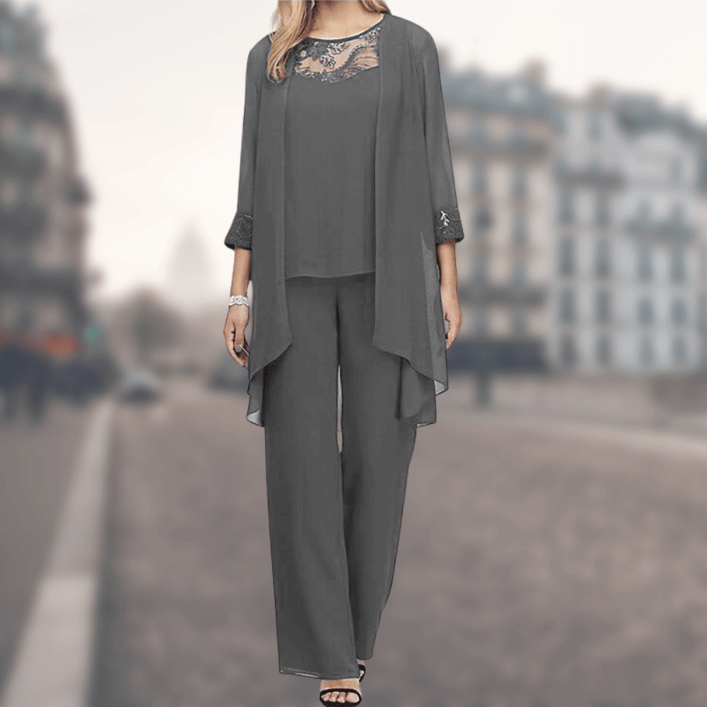 Women’s Three-Piece Set – Relaxed Fit – Wide-Leg Pants – Lace Detail – Lightweight