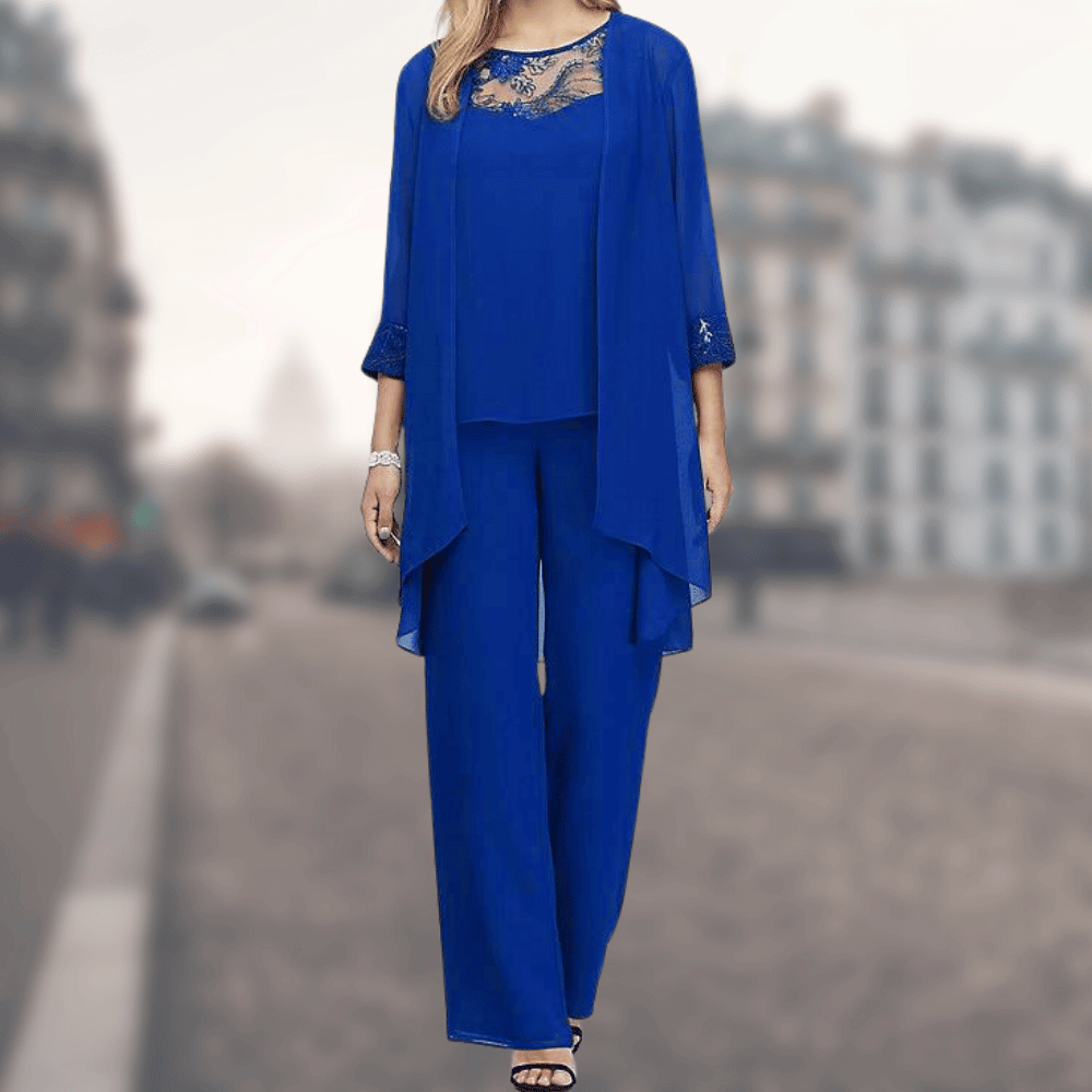 Women’s Three-Piece Set – Relaxed Fit – Wide-Leg Pants – Lace Detail – Lightweight