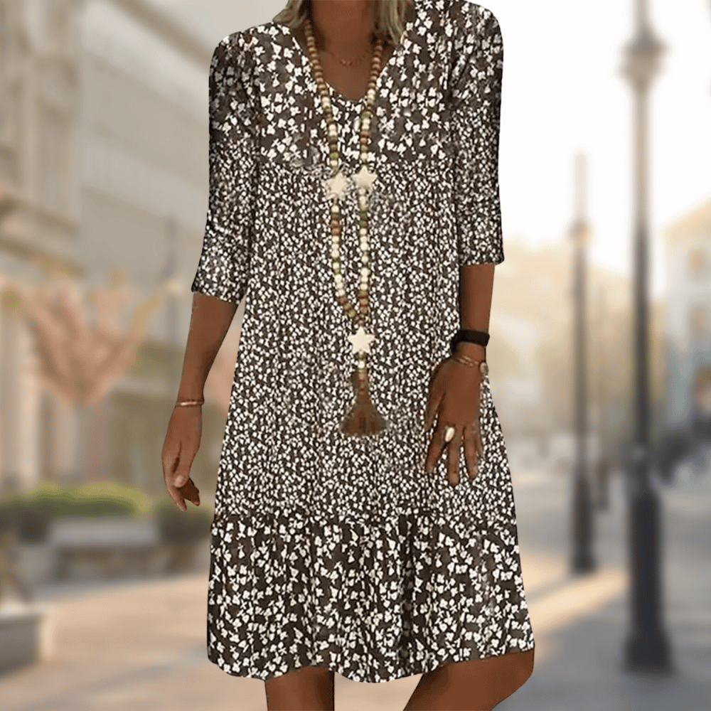 Women's Midi Dress - Floral Print - V-Neck - 3/4 Sleeve - Relaxed Fit Casual Wear