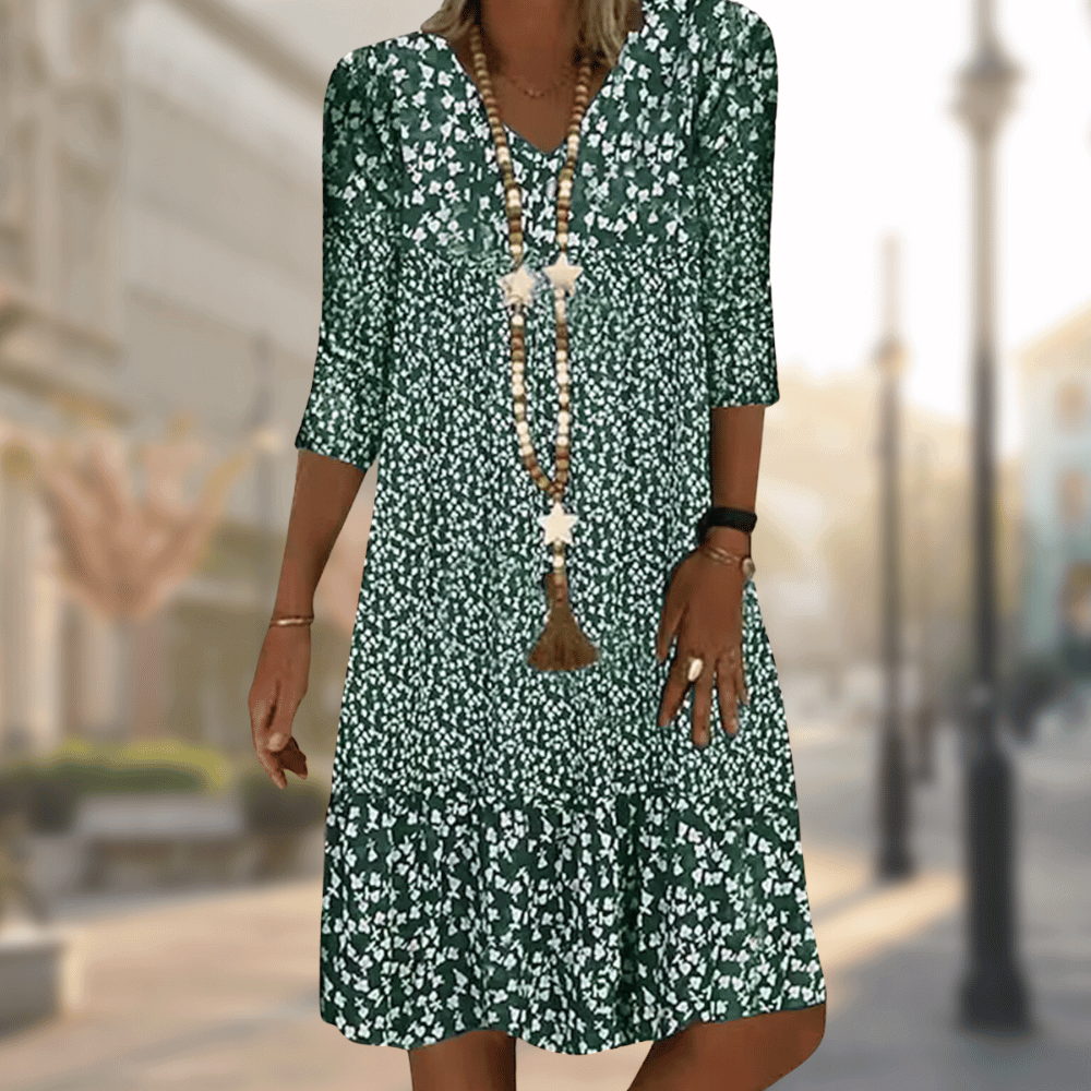 Women's Midi Dress - Floral Print - V-Neck - 3/4 Sleeve - Relaxed Fit Casual Wear