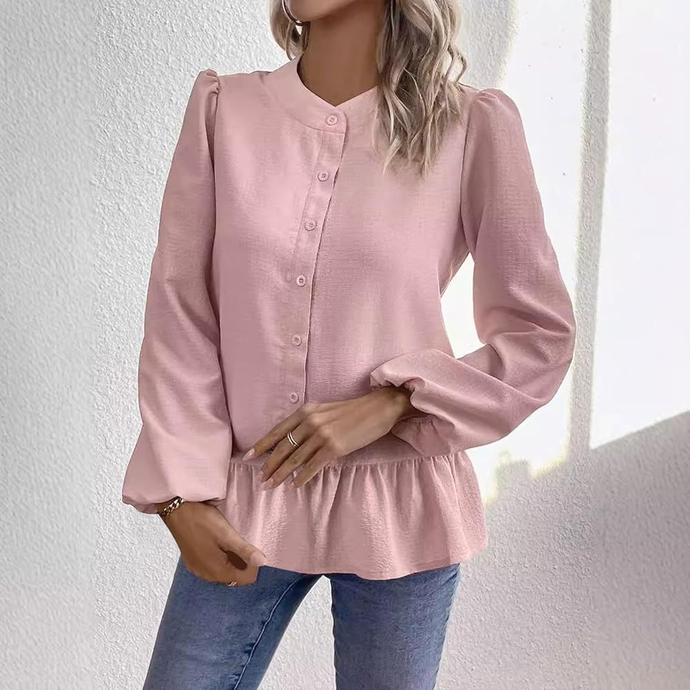 Women’s Blouse – Cotton Blend – Relaxed Fit – Peplum Hem – Button Front – Long Sleeve