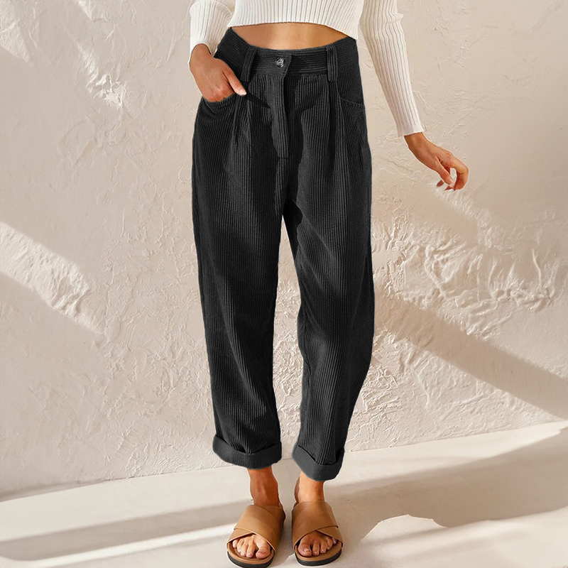 Women’s Tapered Pants – Relaxed Fit – Pleated Front – High Waist – Soft Ribbed Fabric