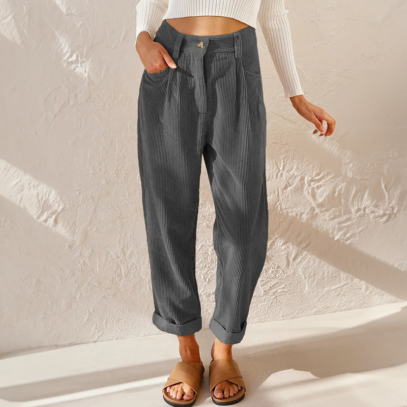 Women’s Tapered Pants – Relaxed Fit – Pleated Front – High Waist – Soft Ribbed Fabric