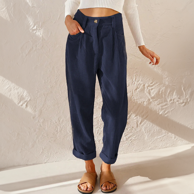 Women’s Tapered Pants – Relaxed Fit – Pleated Front – High Waist – Soft Ribbed Fabric