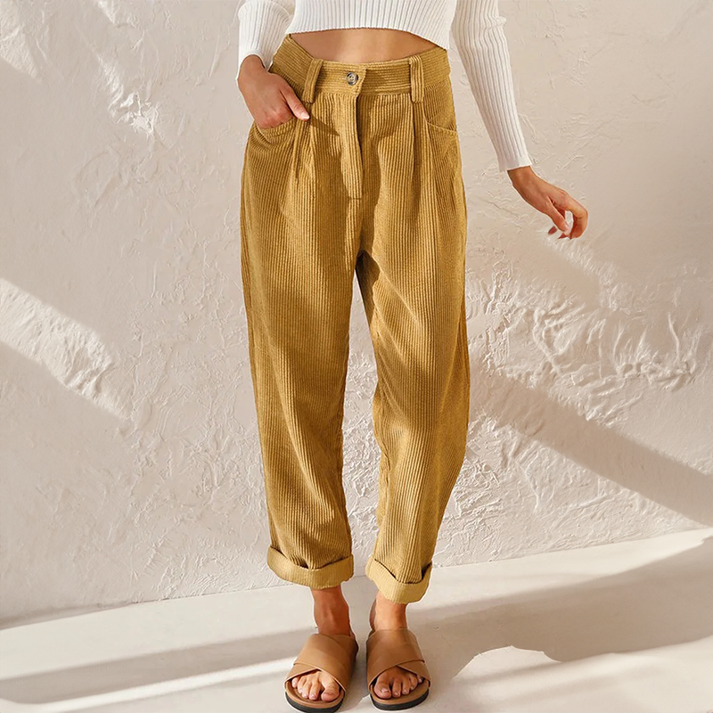 Women’s Tapered Pants – Relaxed Fit – Pleated Front – High Waist – Soft Ribbed Fabric
