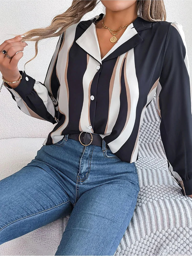 Women’s Blouse – Relaxed Fit – Vertical Stripes – Button Front – Lightweight Cotton