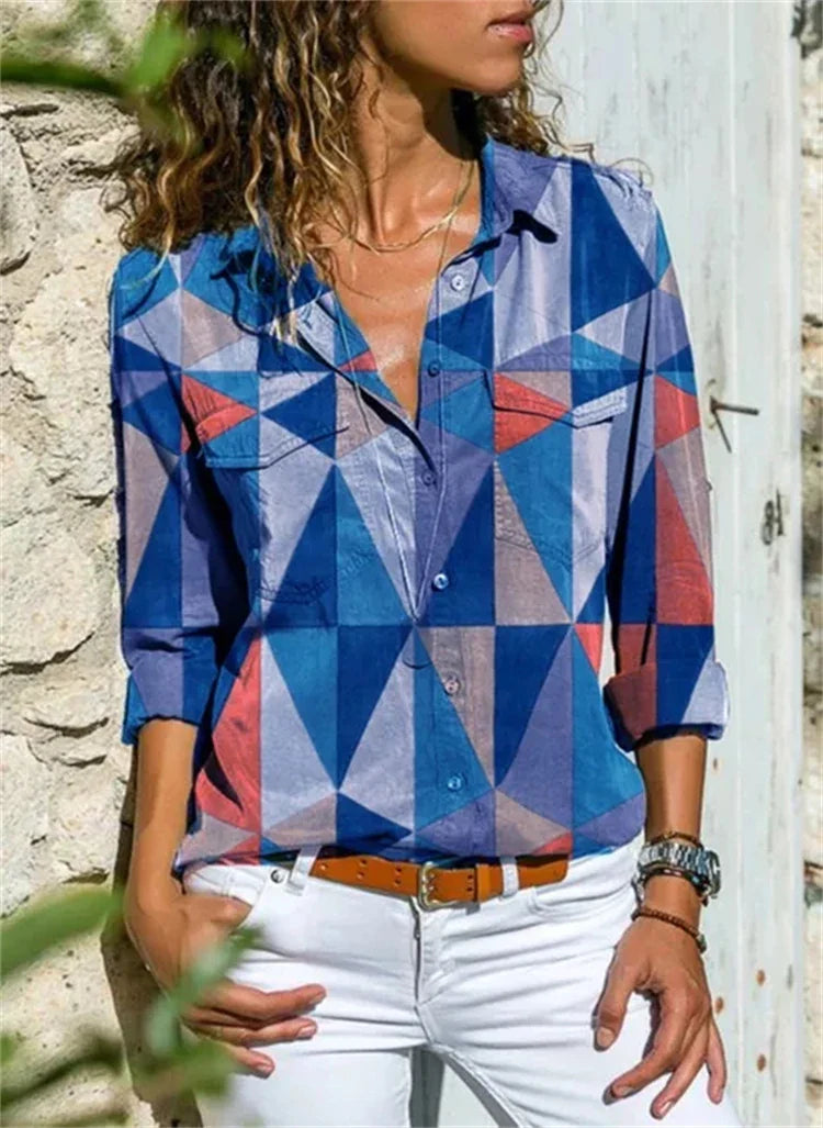 Women’s Blouse – Relaxed Fit – Button-Down – Rolled Sleeve – Cotton Blend – Pattern Print
