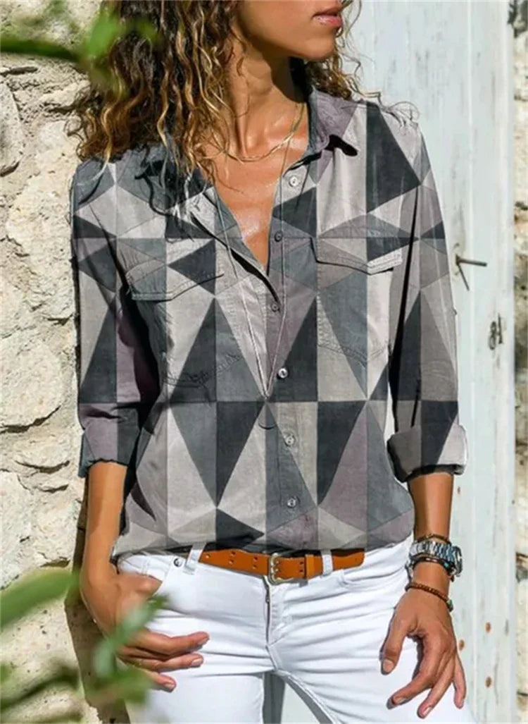 Women’s Blouse – Relaxed Fit – Button-Down – Rolled Sleeve – Cotton Blend – Pattern Print