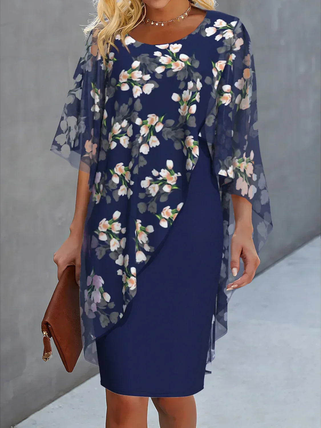 Women’s Midi Dress – Relaxed Fit – Floral Print – Asymmetrical Overlay – Flowy Draped
