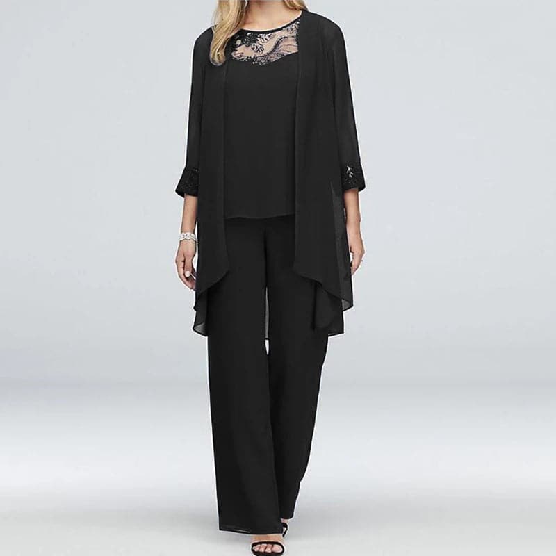 Women’s Three-Piece Set – Lace Top – Draped Jacket – Wide-Leg Pants