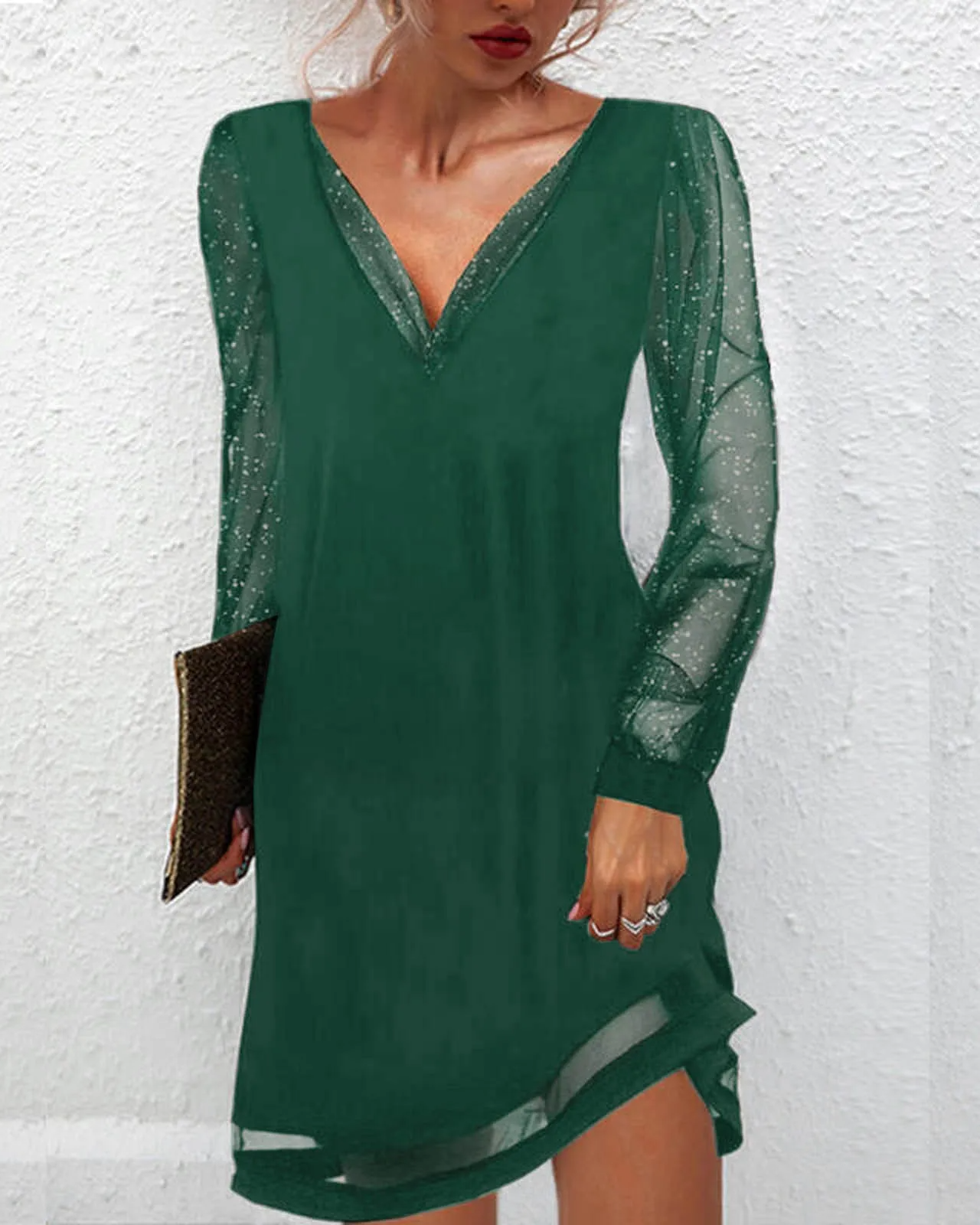 Women's Evening Dress - V-Neck - Sheer Long Sleeves - Elegant Knee-Length Fit