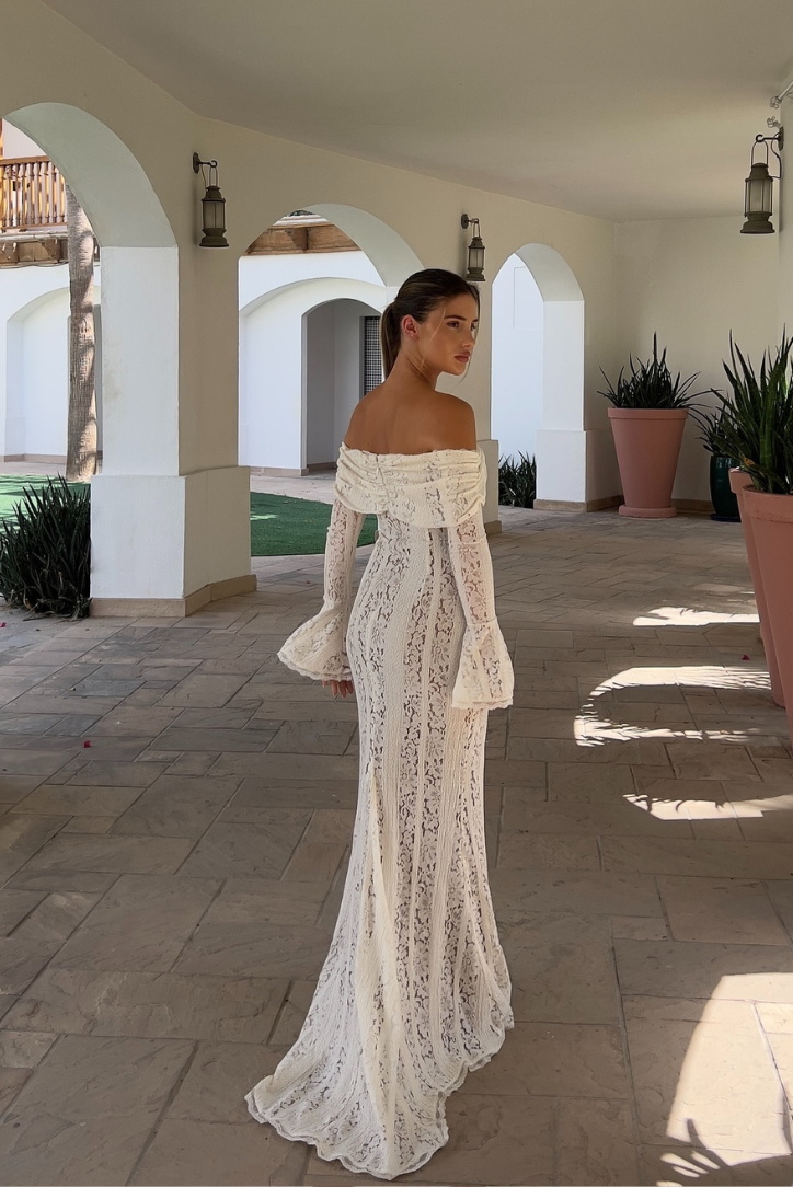 Women’s Maxi Dress – Lace Fabric – Fitted Silhouette – Off Shoulder – Long Sleeve
