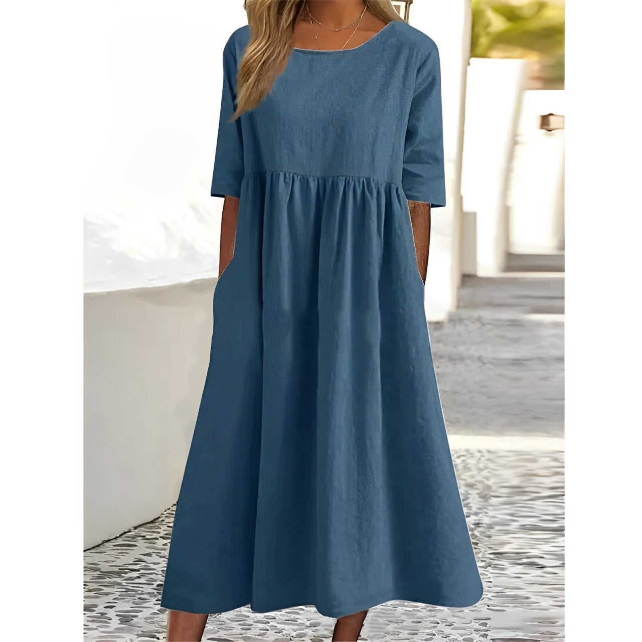 Women's Midi Dress - Cotton Linen Blend - A-Line Relaxed Fit - Short Sleeve with Pockets